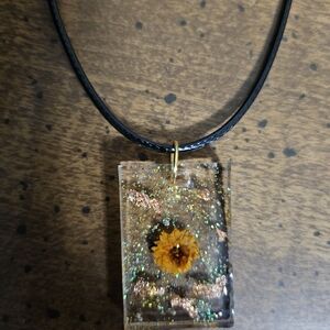 Black Necklace with Floral Resin Pendant